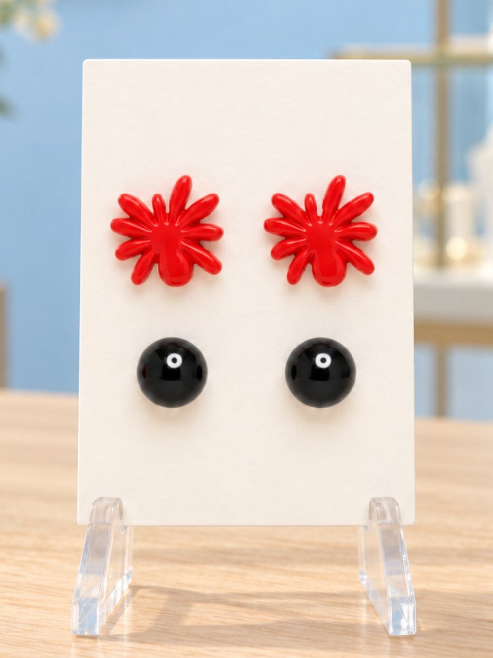 Red Floral & Black Ball Stud Earrings 2-Pair Halloween Set NWT